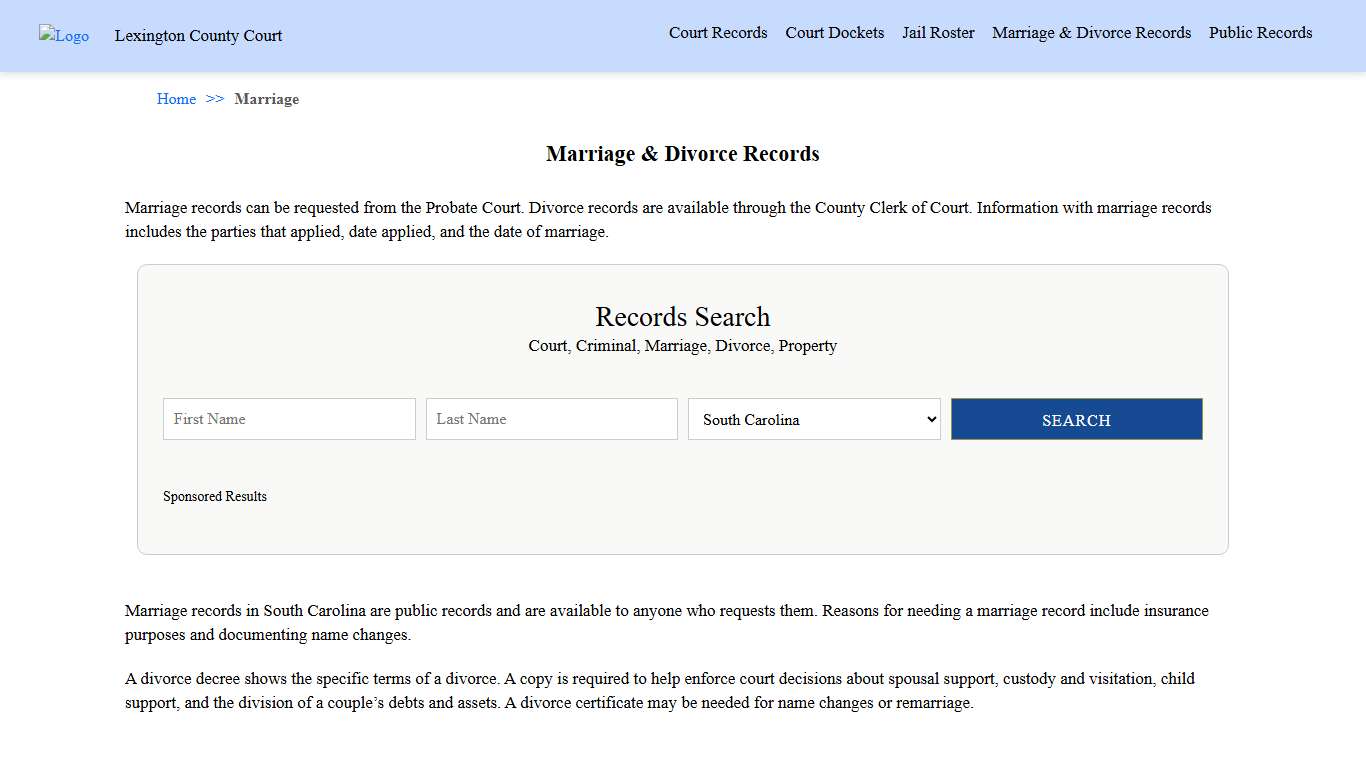 Marriage & Divorce Records | Lexington County Court