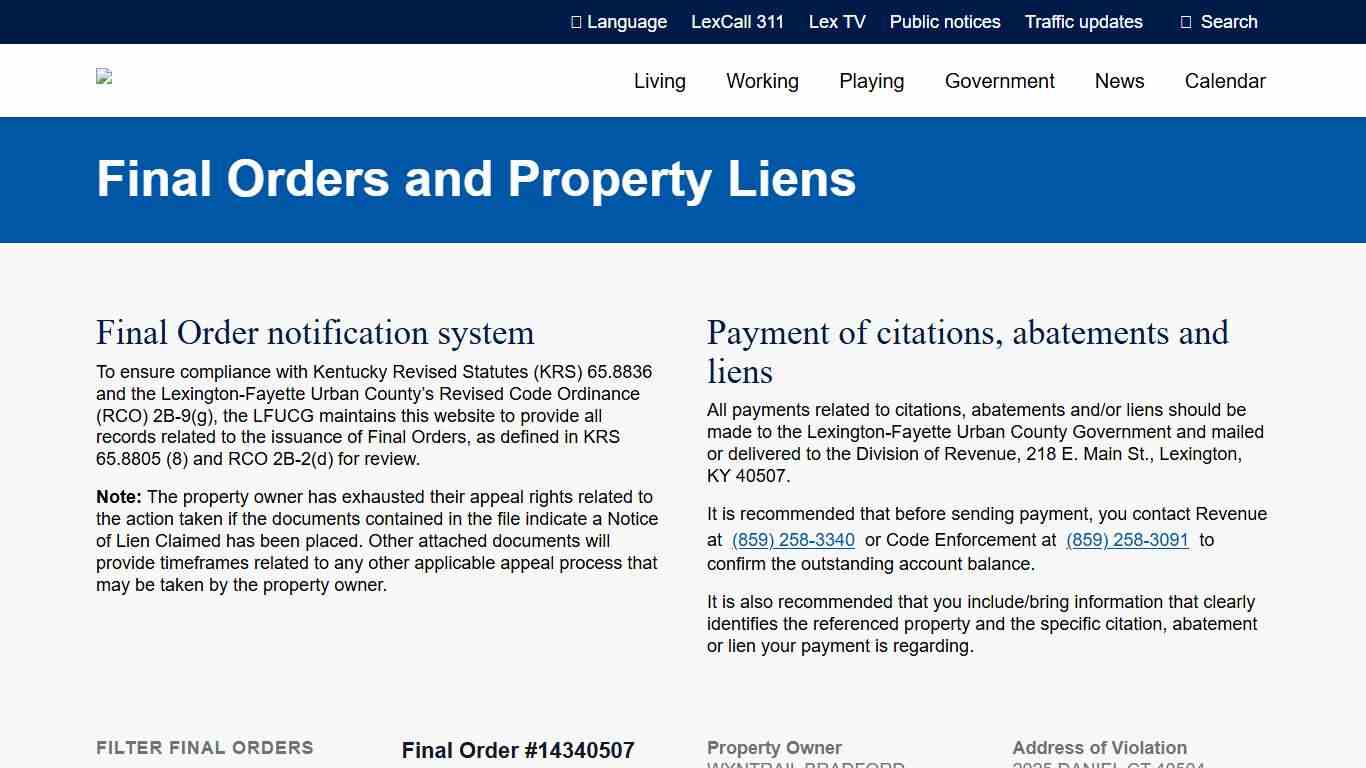 Final orders | City of Lexington, Kentucky